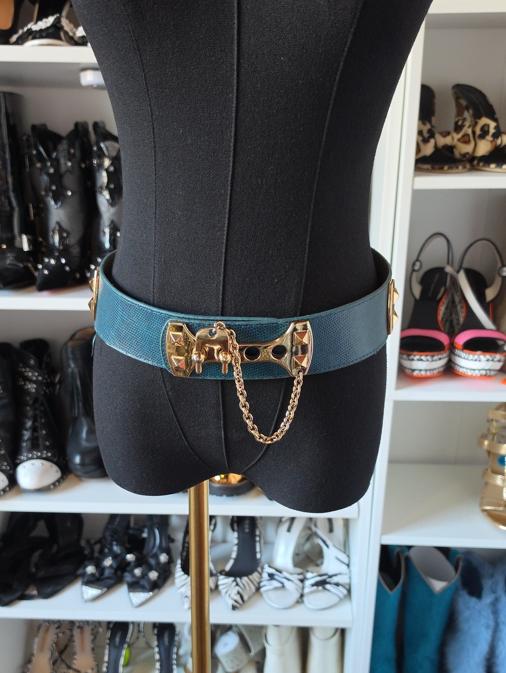 BCBGMaxAzria Teal Wide Belt with Gold Chain and Studs